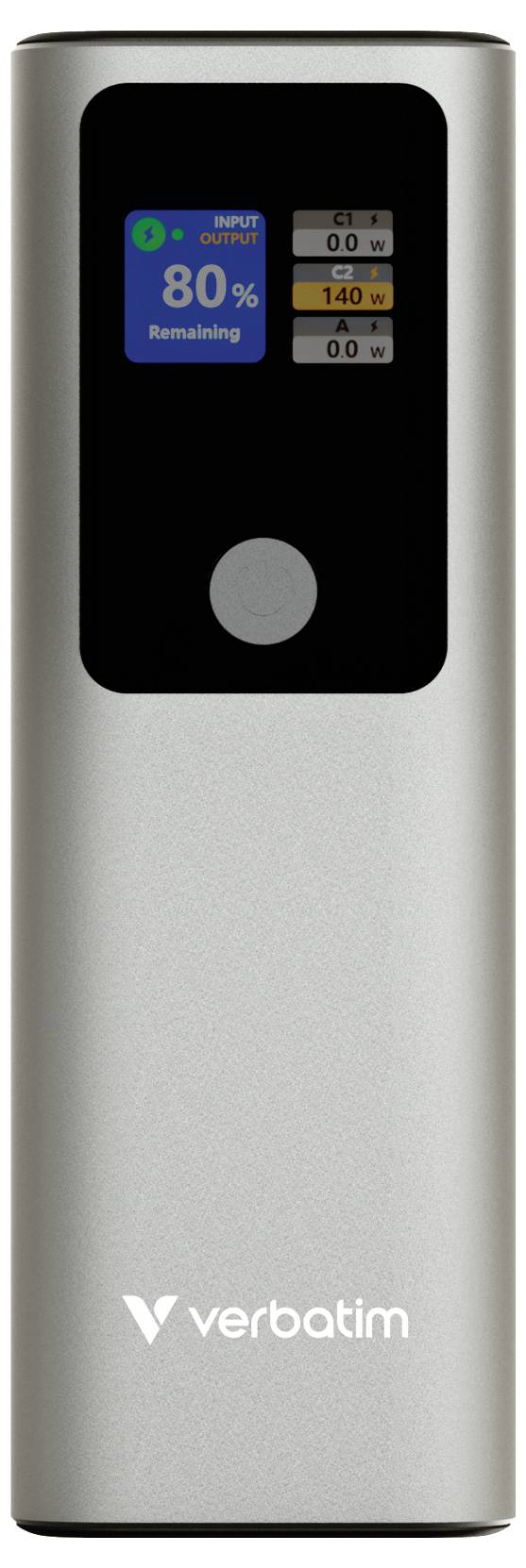 Egy Verbatim hordozható powerbank elölnézete egy kis kijelzővel, amely 80%-os akkumulátor-maradványt és 140 W teljesítményt mutat.