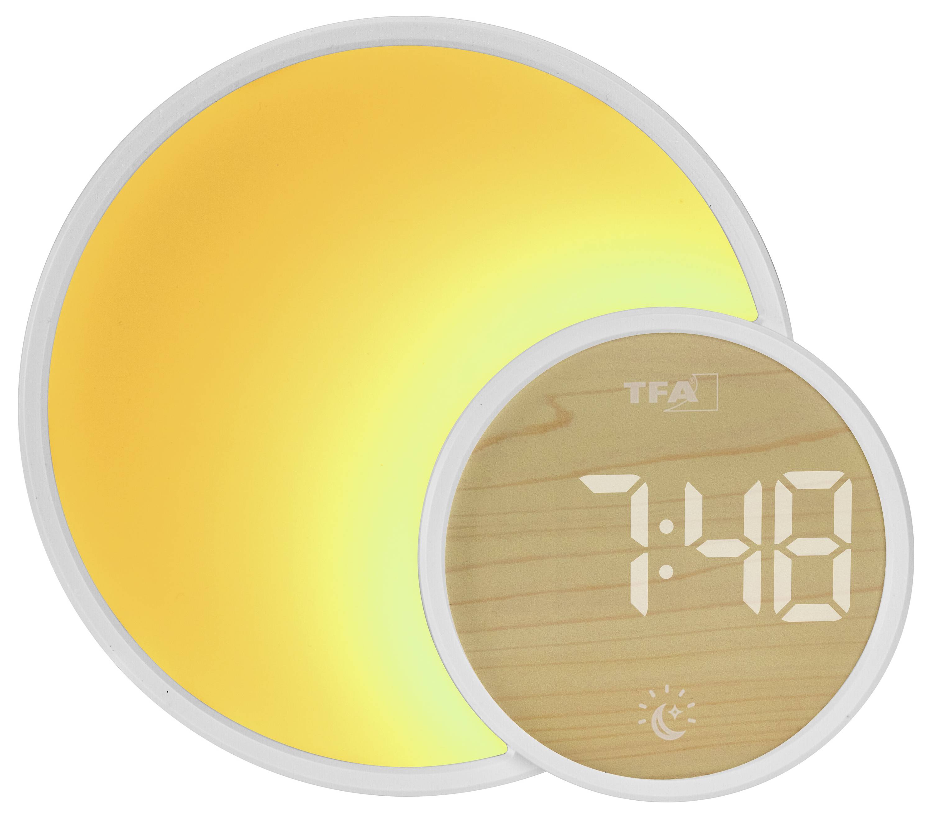Egy digitális óra az "7:48"-at mutatja, a háttérben egy nap dizájnnal, amely a napkeltét szimbolizálja.