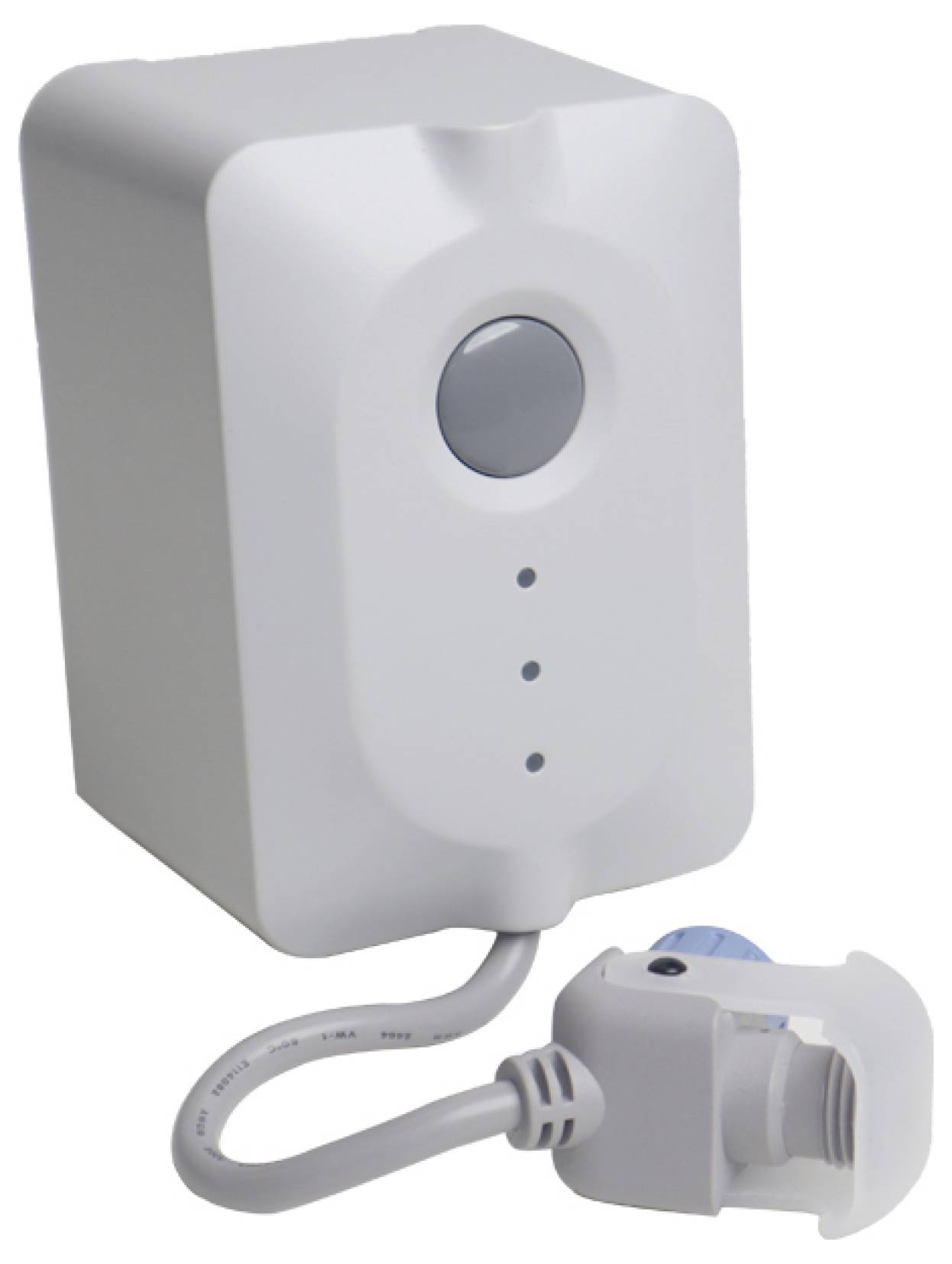 Egy fehér téglalap alakú eszköz, amelynek tetején egy kör alakú gomb található, alatta három jelzőfény, és egy kábellel csatlakoztatott dugóval.