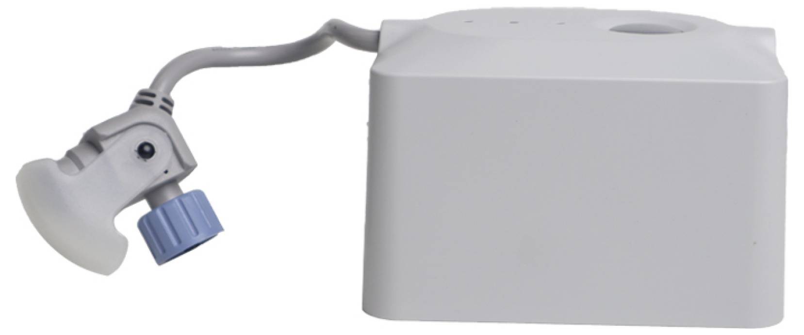 Egy fehér műanyag eszköz rugalmas szürke csővel és kék gombbal, valószínűleg egy mechanikai vagy ipari alkalmazás alkatrésze.