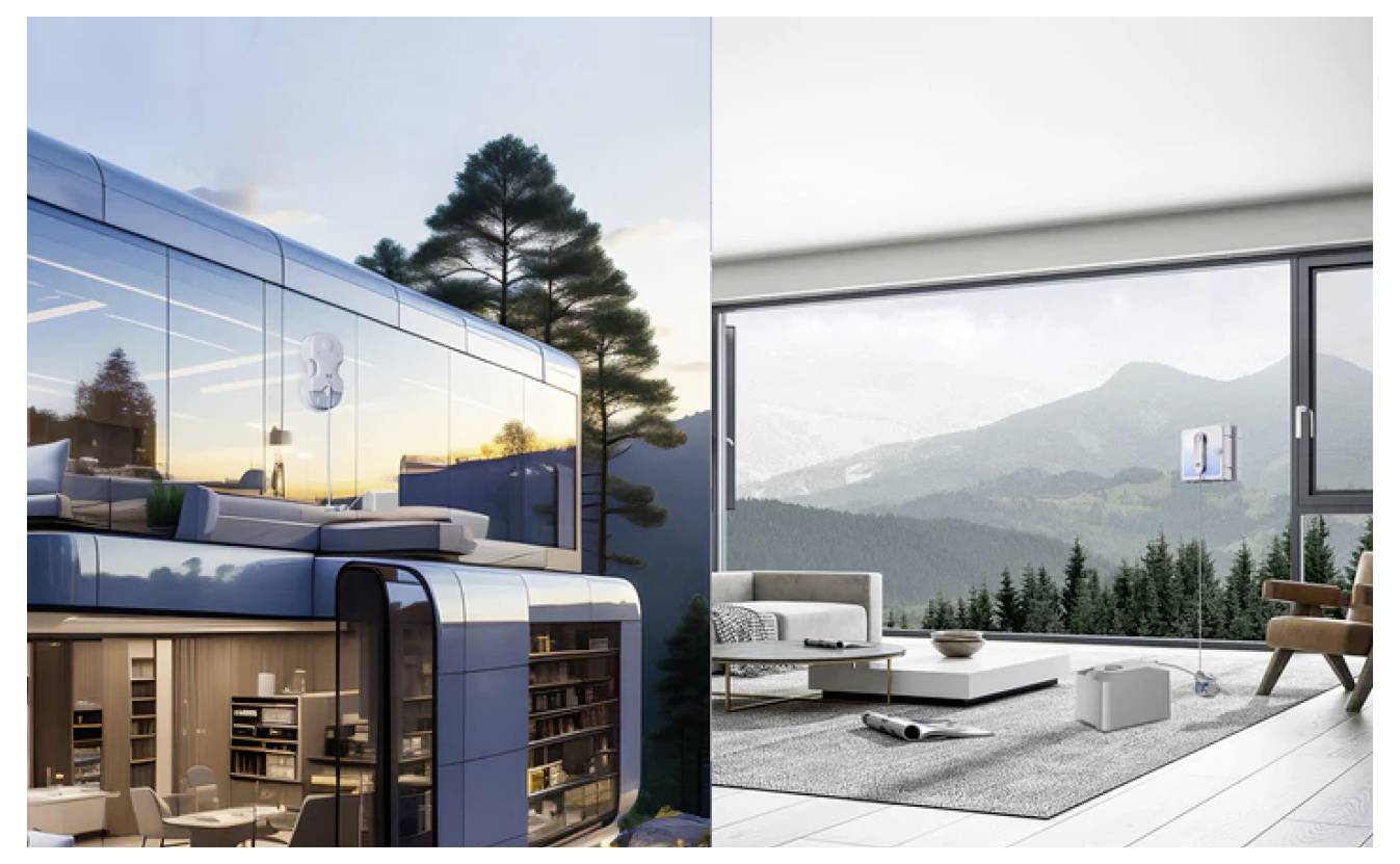 Futurisztikus üveges ház erdős környezetben, amely az külső nézetet mutatja fákkal a bal oldalon és egy modern nappalt hegyvidéki kilátással a jobb oldalon.