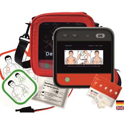 Hordozható AED defibrillátor készlet hordtáskával, elektródajelzésekkel, utasítási grafikai anyagokkal és kiegészítőkkel a szívresuscitáláshoz szükséges vészhelyzeti ellátáshoz.