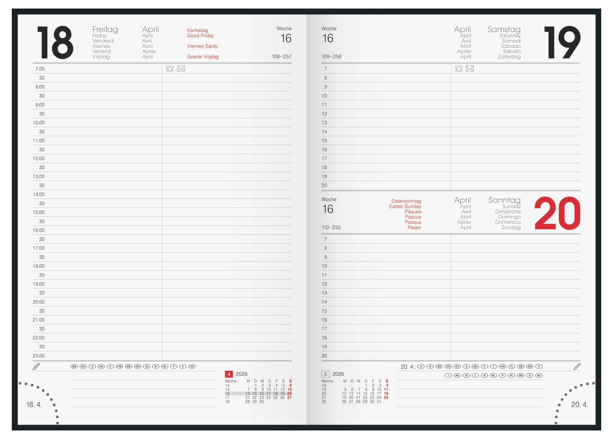 Április 18-20, 2015 közötti napok megjelenítésével nyitott planner, részletes óránkénti beosztásokkal és naptárnézettel, kiemelve az adott dátumokat.