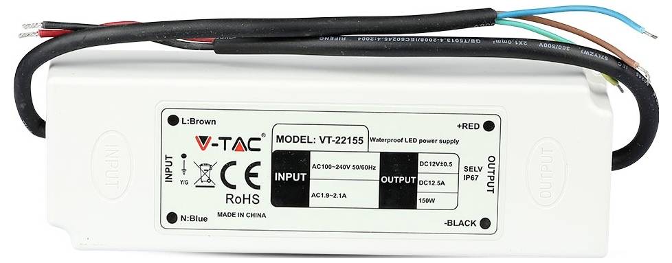 'V-TAC modell VT-22155 vízálló LED tápegység', bemenet AC100-240V, 50/60Hz, kimenet DC12V, 150W, több csatlakozó kábellel.