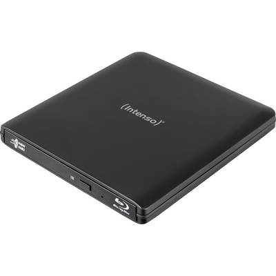 Egy karcsú, fekete Intenso külső Blu-ray meghajtó minimalistikus dizájnnal, egy kis porttal és az oldalán a "Blu-ray Disc" logóval.