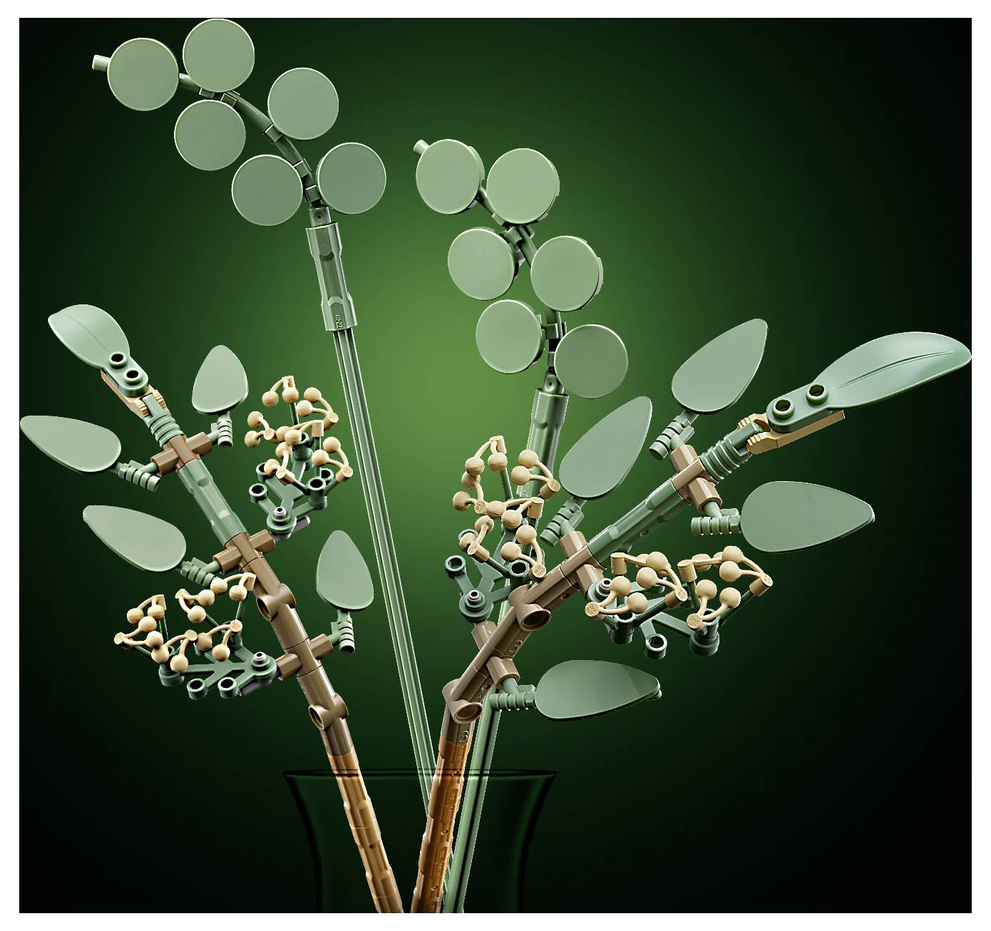 Egy digitális műalkotás, amely absztrakt faszerű formákat ábráz el, ágakkal és kerek levelekkel, egy vázában elrendezve, zöld háttérrel.