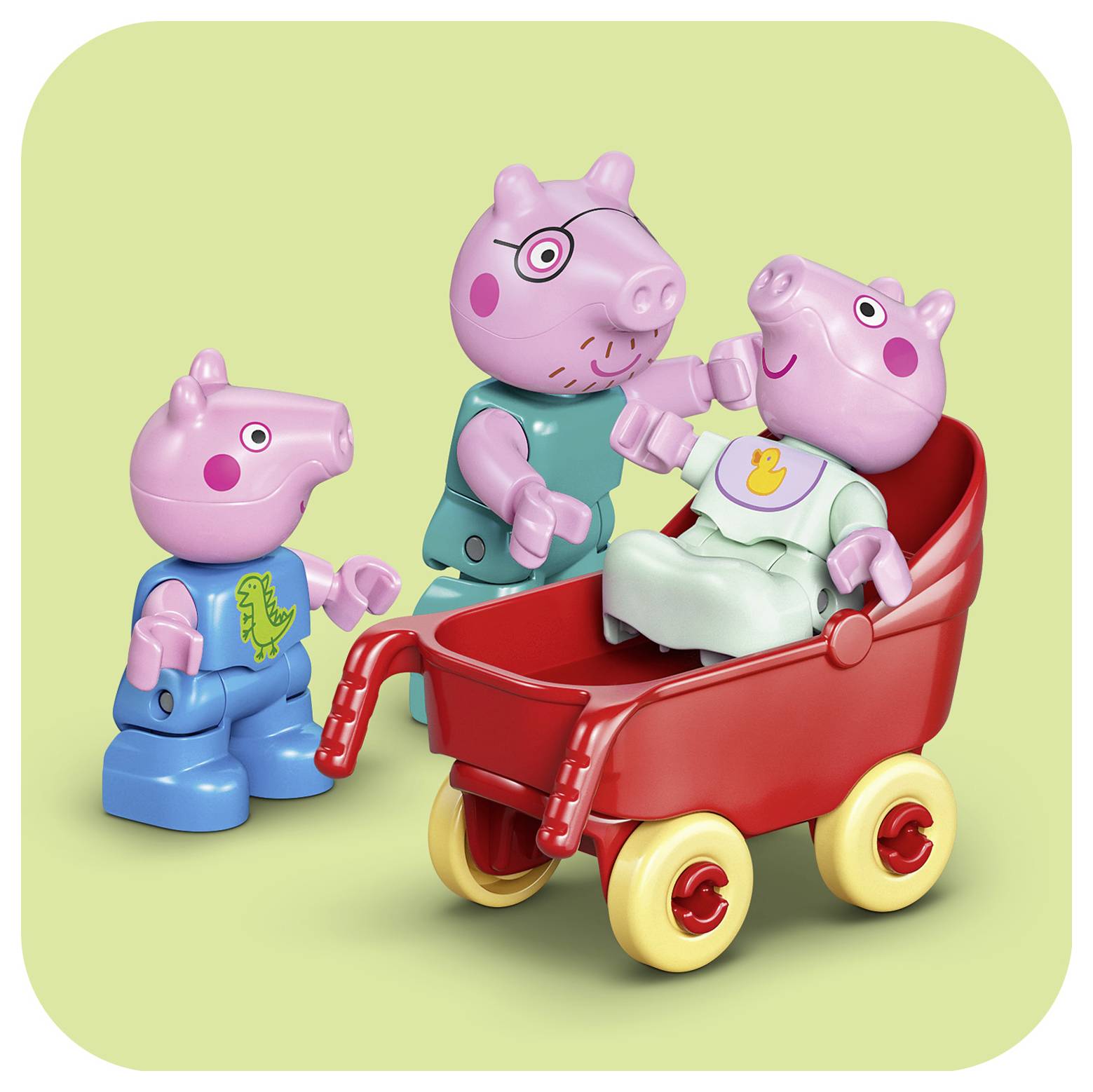 Három játék malac karakter boldogan interakcióba lép egymással egy piros kocsi körül világoszöld háttéren.