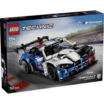 'LEGO Technic BMW M4 GT3' készlet doboza, amely a modellautót mutatja, 11 évesektől ajánlott, 747 darabból áll, versenyautó-hátterrel.