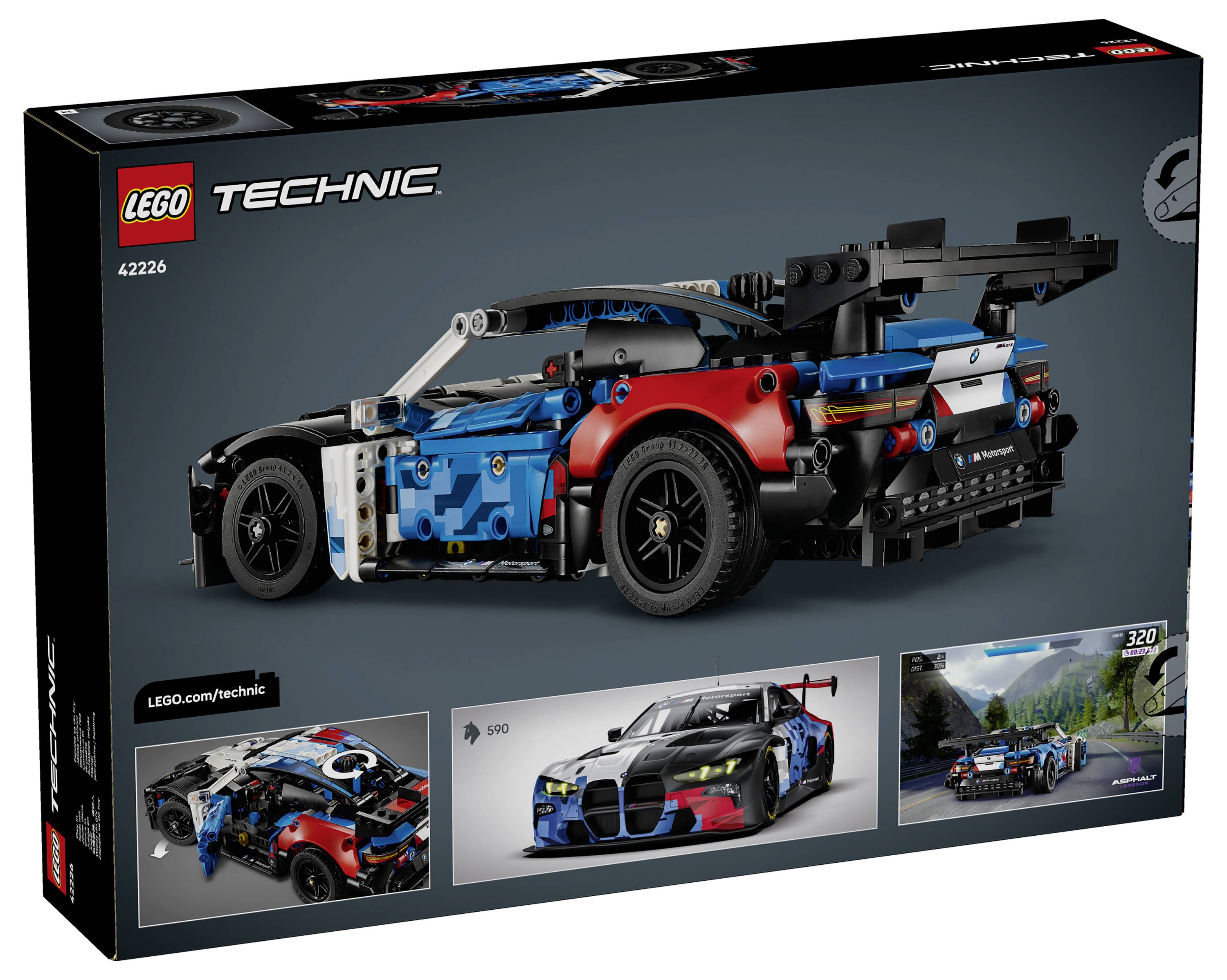 'LEGO Technic 42226' doboz egy részletgazdag kék és fekete sportautó modellt mutat be hátulsó szárnnyal.