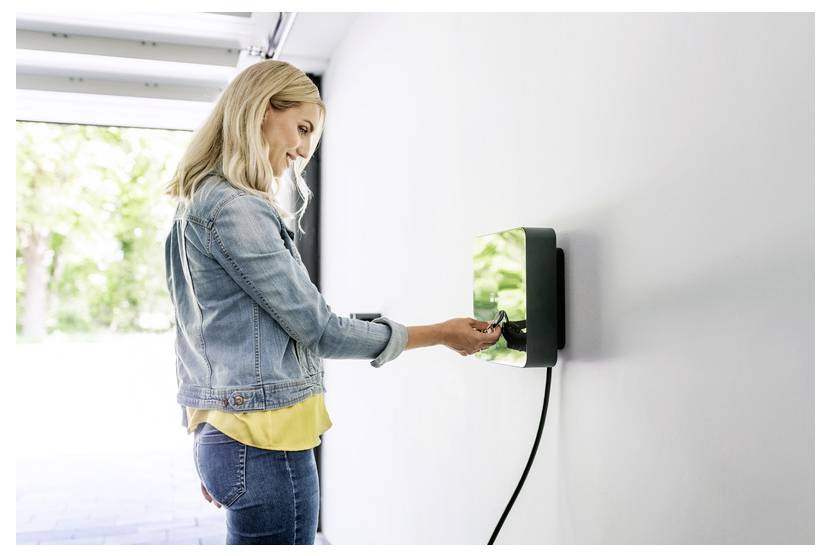 Nő, aki egy elektromos autót csatlakoztat egy falra szerelt elektromos autó töltőállomáshoz beltérben.