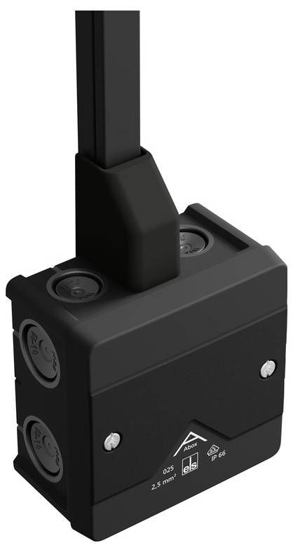 Az EASYPRINT elektromos elosztódoboz képe fedéllel, amely az nyitott burkolat belsejét mutatja, négy kábelcsatlóval, két kis rögzítőelemmel és egy kerek tartozékdarabbal.