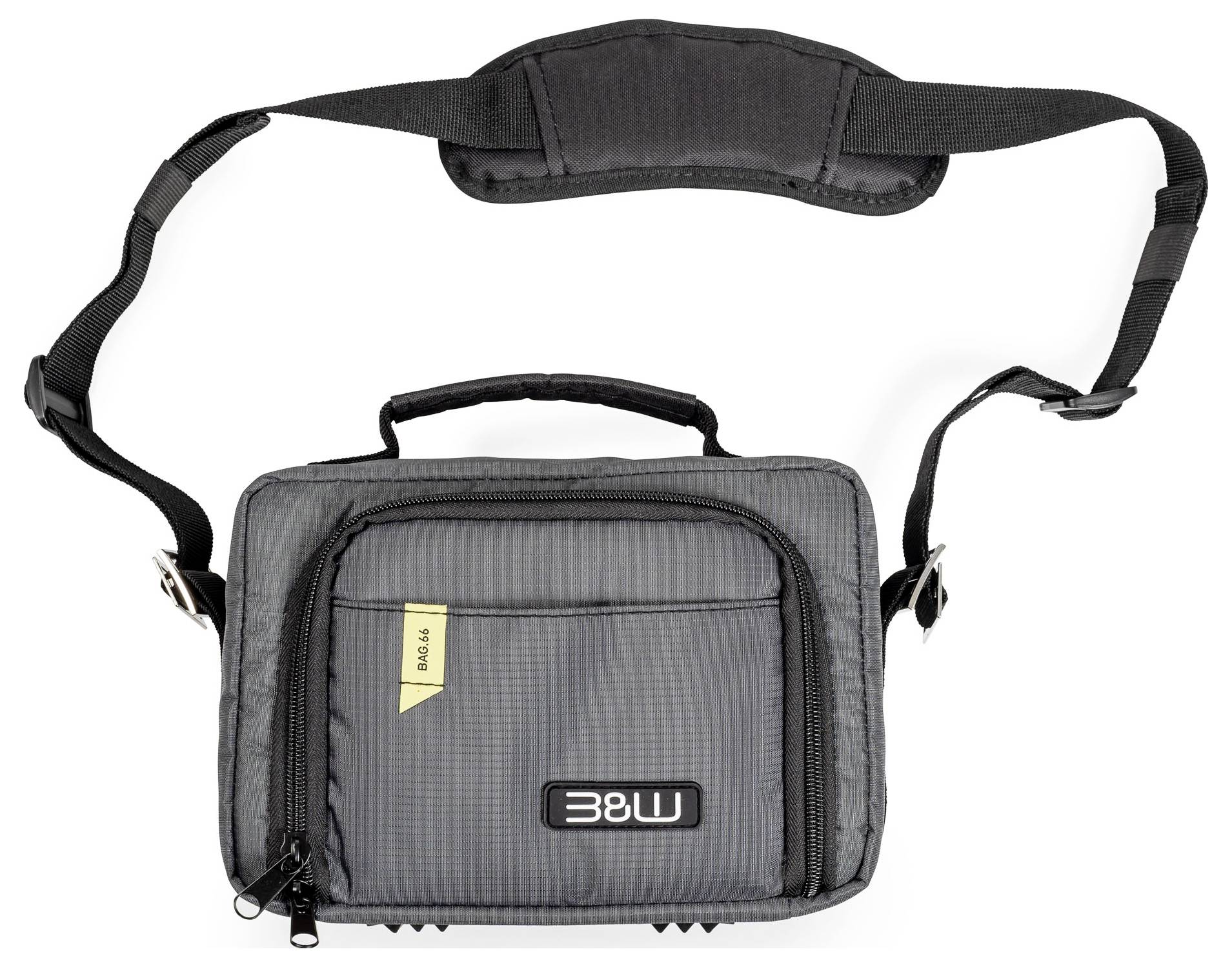 Egy kis, fekete kameratáska vállpánttal és „3BUL" logóval az előlapján. A táskán egy elülső cipzáras zseb és egy fogantyú található.