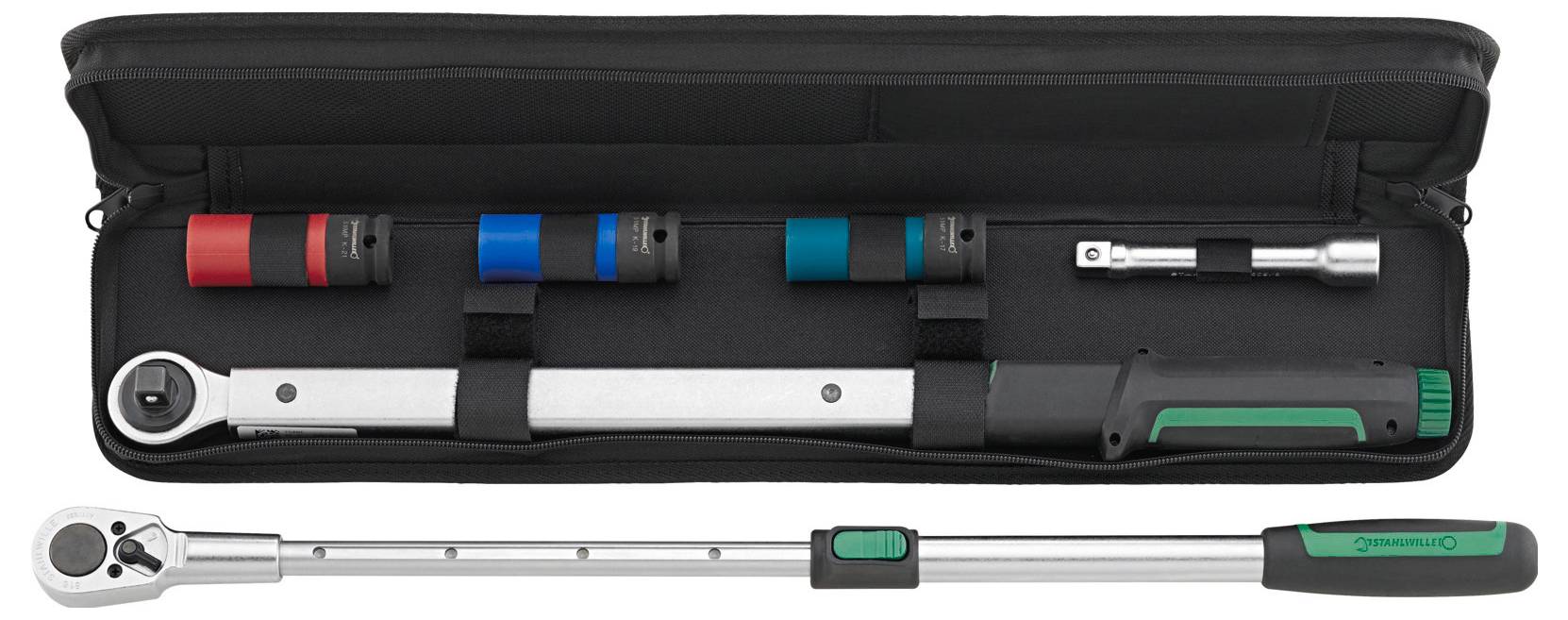 Egy nyomatékkulcs-készlet cserélhető fejekkel, különböző nyomatékbeállításokhoz színkódolt, fekete tárolódobozban biztonságos aljzatokkal elhelyezve.