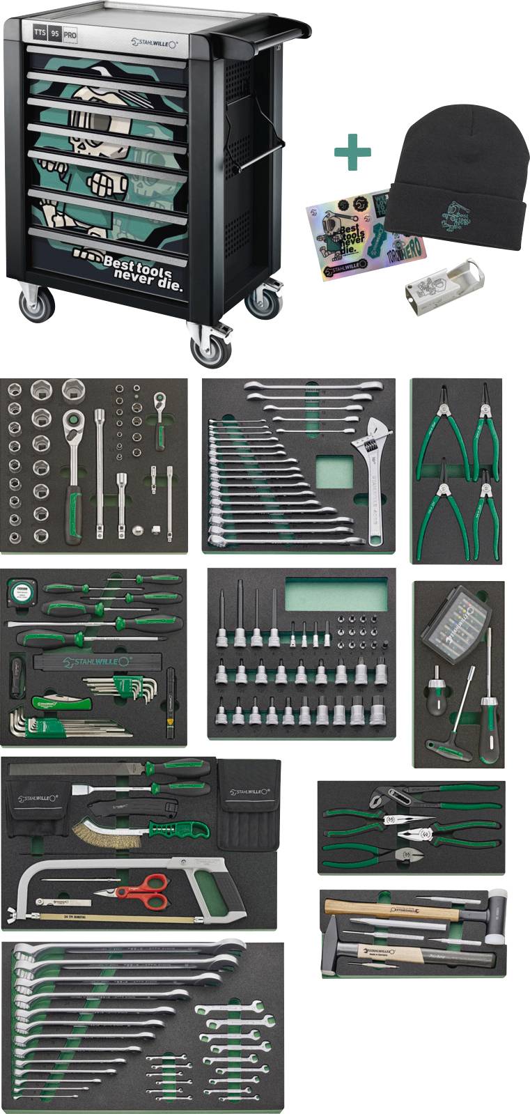 Egy kerekeken mozgatható szerszámszekrény különféle rendezett kézszerszámokkal, beleértve csavarkulcsokat, fogókat, csavarhúzókat és dugókulcsokat. Egy sapkával, matricával és egy dobozzal kiegészítve.