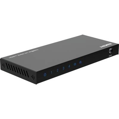 'HDMI Switch, 4x1, 4K/60Hz', egy fekete téglalap alakú eszközt mutat öt kék jelzőfénnyel, amelyek 0-tól 4-ig vannak jelölve, és egy 'Select' gombbal.