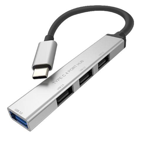 USB Type-C hub négy porttal, amelyeket „USB 3.0", „USB 2.0" és két „SD" slot jelöl, rövid kábellel csatlakoztatva.