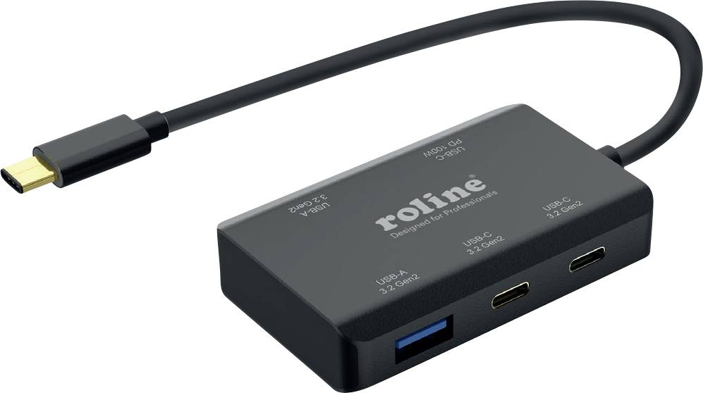 Fekete multi-port adapter USB-C csatlakozóval, két USB-C 3.2 Gen 1 porttal és egy USB-A 3.2 Gen 1 porttal.