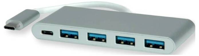 Ezüst USB hub USB-C csatlakozóval és négy USB-A porttal, több eszköz egyetlen számítógéphez való csatlakoztatásához tervezve.