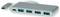 Ezüst USB hub USB-C csatlakozóval és négy USB-A porttal, több eszköz egyetlen számítógéphez való csatlakoztatásához tervezve.