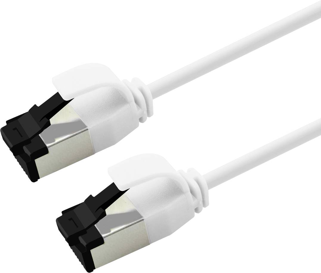 Két fehér Ethernet kábel csatlakozó fekete tippel, egyszerű fehér háttéren átlósan ábrázolva.