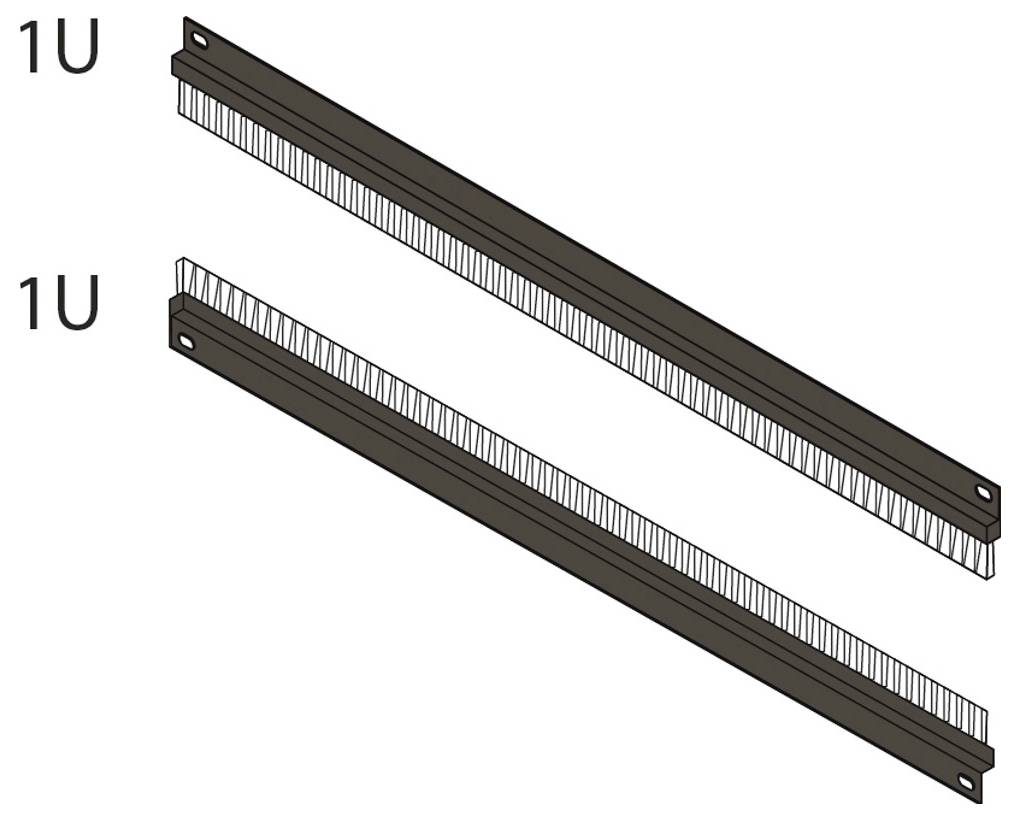 Két 1U-s rack kábelvezető panel vízszintes ujjcsatornákkal és szerelőlyukakkal, enyhe szögből megjelenítve.