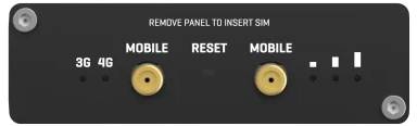 "Panel eltávolítása a SIM-kártya behelyezéséhez" szöveg egy fekete panelen, amely két mobil portot tartalmaz, amelyek "3G" és "4G" címkékkel rendelkeznek, egy központi reset gombbal és szignál indikátorokkal.