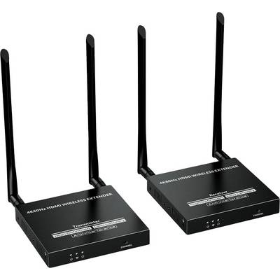 „4K60Hz HDMI Vezeték nélküli Kiterjesztő Adó" és „Vevő" eszközök, mindkettő kettős antennával, lehetővé teszik a HDMI jel kiterjesztését kábel nélkül.