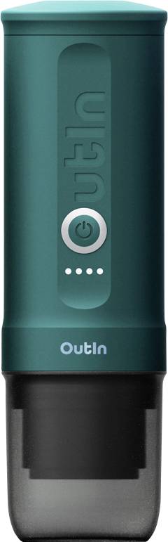 Sarcian zöld utazó bögre kivehető alaptartóval és teljesítmény gombbal az elején, amelyen az 'OutIn' felirat található az alsó rész közelében.