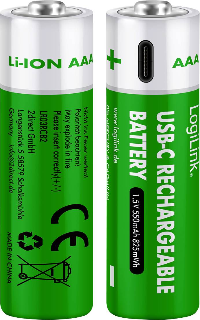 Két zöld LogiLink USB-C tölthető AAA elem, 1,5V 650mAh, Li-ION, '+' és '-' jelöléssel. Az egyik töltőporttal rendelkezik.