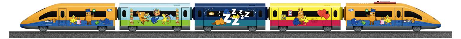 Színes vonat rajzfilmfigurákat ábrázoló festésekkel minden vagonon, síneken állva fehér háttér előtt.