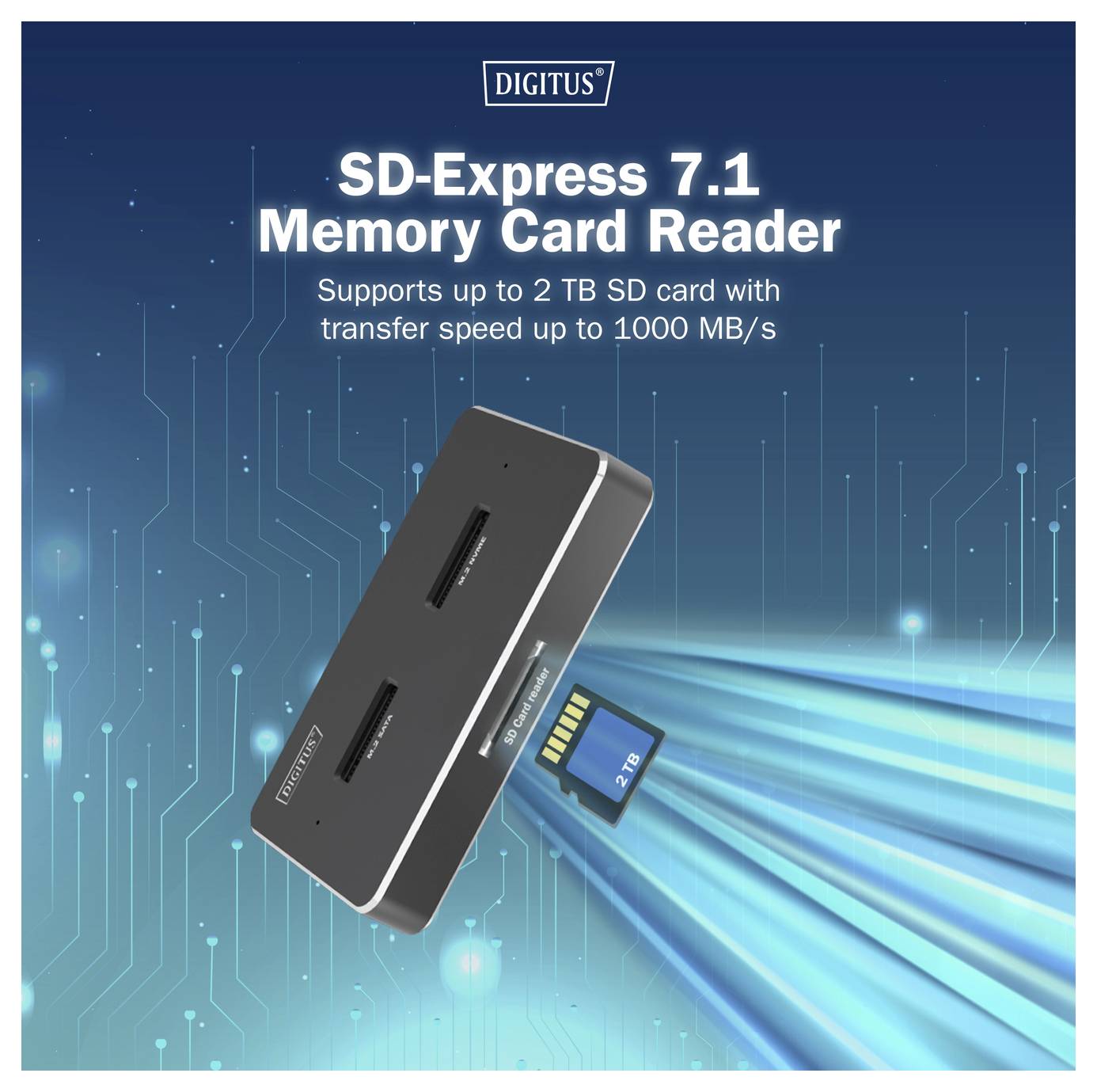 SD-Express 7.1 memóriakártya-olvasó 2 TB kapacitással, akár 1000 MB/s átviteli sebességet kínál. Kék technikai témájú háttéren látható.