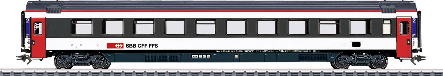 Egy utasszállító vonatkocsit ábrázoló kép, amely áramvonalasított kialakítással rendelkezik, fekete-fehér karosszériával és piros kiegészítésekkel, az „SBB CFF FFS" felirattal megjelölve.