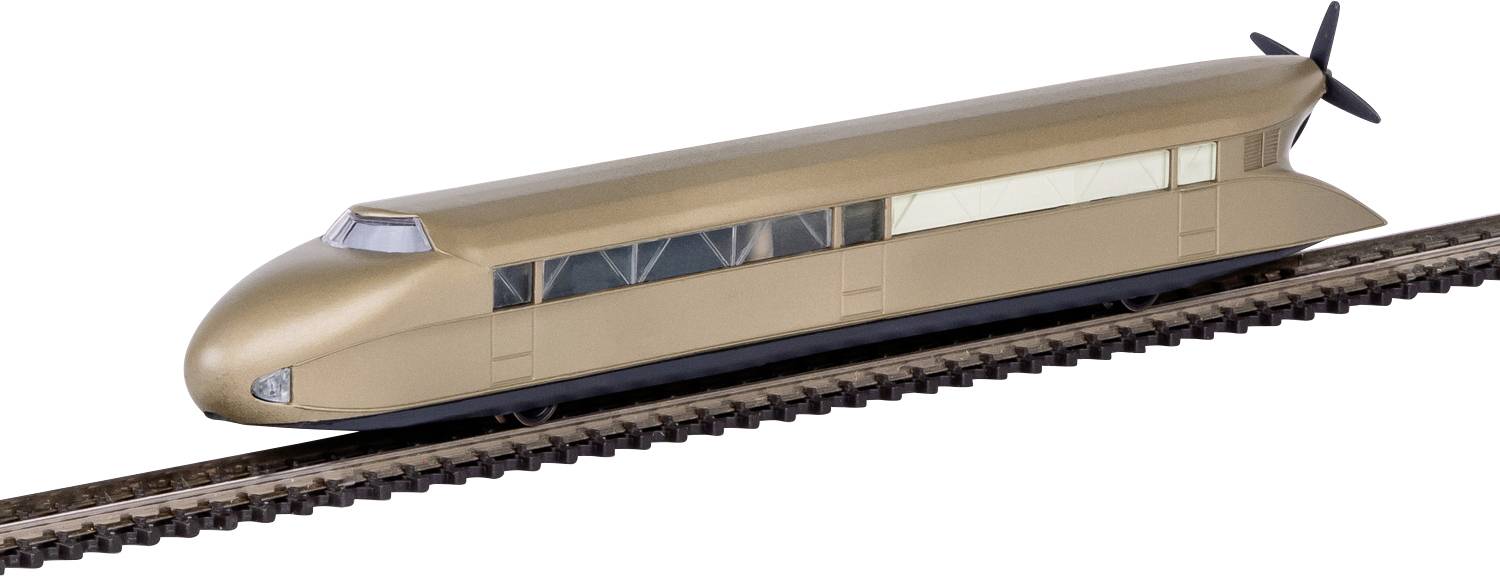Egy elegáns, futurisztikus vonatmodell síneken, egy propellerrel a hátsó részén, nagy ablakokkal és áramvonalított kialakítással.