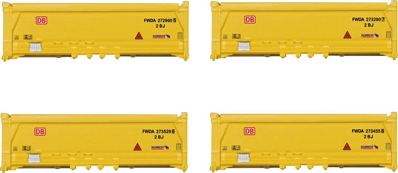 Sárga szállítókonténerek "DB" logóval és kódcímkékkel, két sor két oszlopban elhelyezve. Minden konténernek vannak figyelmeztető jelzései és azonos jelölései.