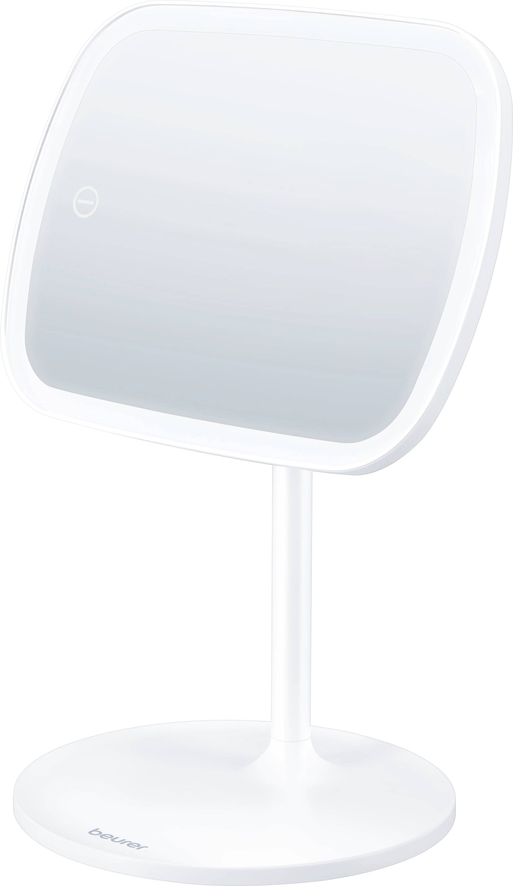 Négyzet alakú asztallapra helyezhető tükör fehér állvánnyal, amely enyhén felfelé dönthető, személyi higiénia és sminkelés alkalmazásához tervezve.