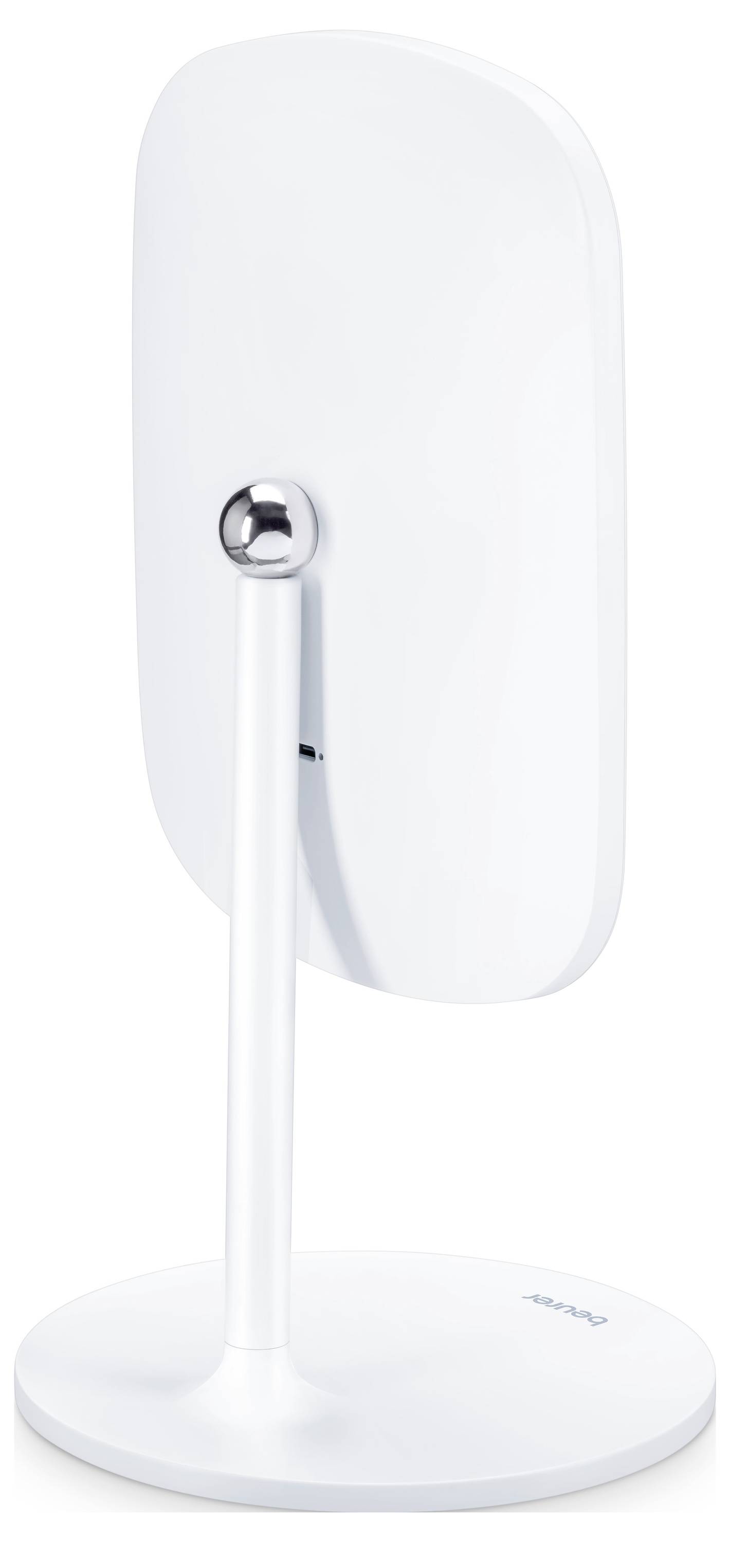 Fehér, téglalap alakú asztali tükör elegáns, modern kialakítással, masszív kerek alappal és függőleges állvánnyal.