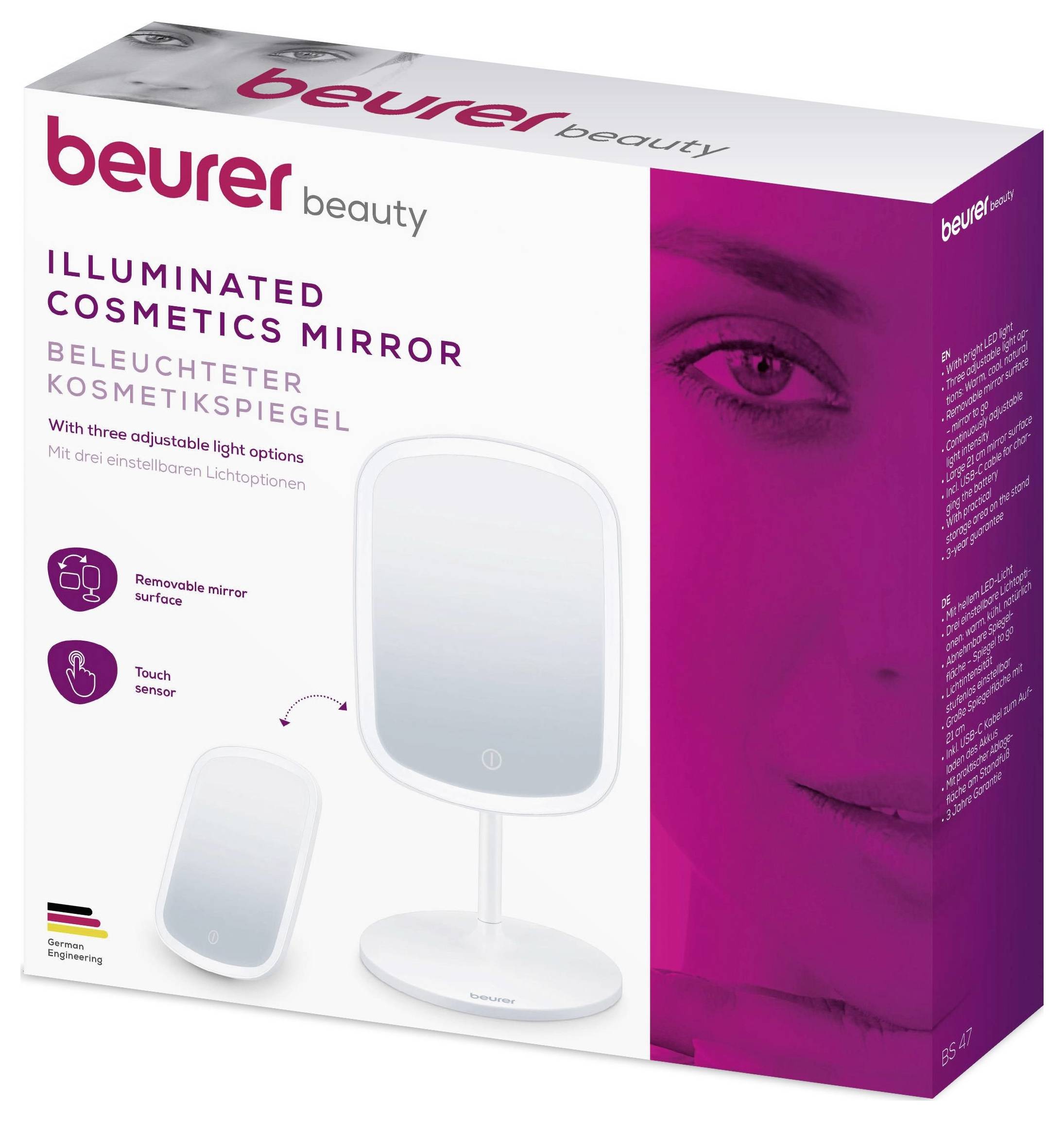 Beurer szépségügyi megvilágított kozmetikai tükör állítható fénylehetőségekkel és érintésérzékelővel. Eltávolítható tükörbetéttel rendelkezik.