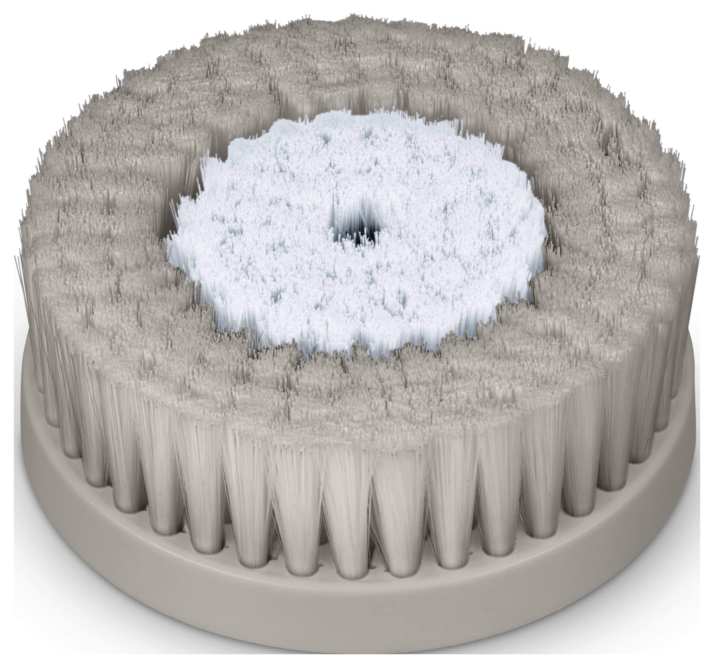 Kerek tisztító kefe bézs sörétékkel és világoskék középponttal, hatékony felület-súrolásra tervezve.