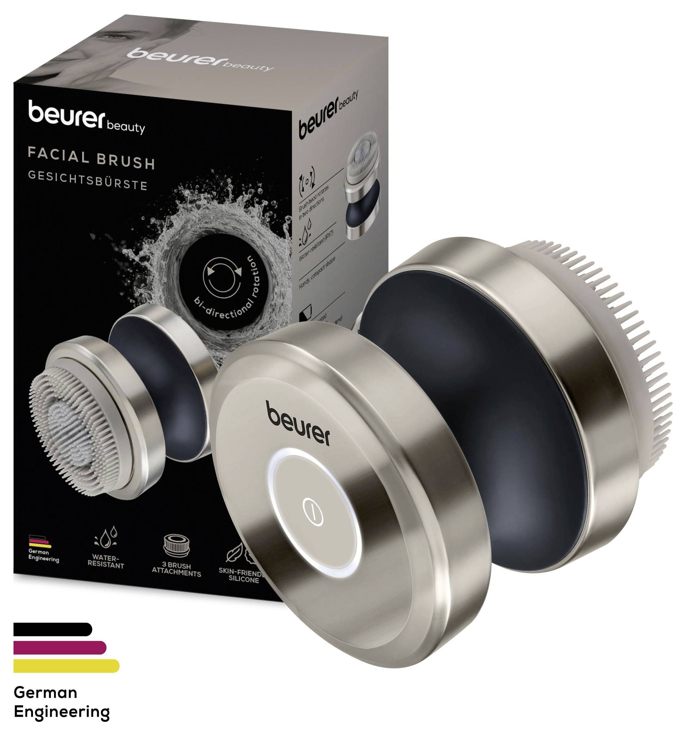 "Beurer szépségápolási arckeféje" doborral körkörösen, kétirányú kefefejjel megjelenítve, amely a német mérnöki munkát és a sokoldalú funkcionalitást mutatja be.