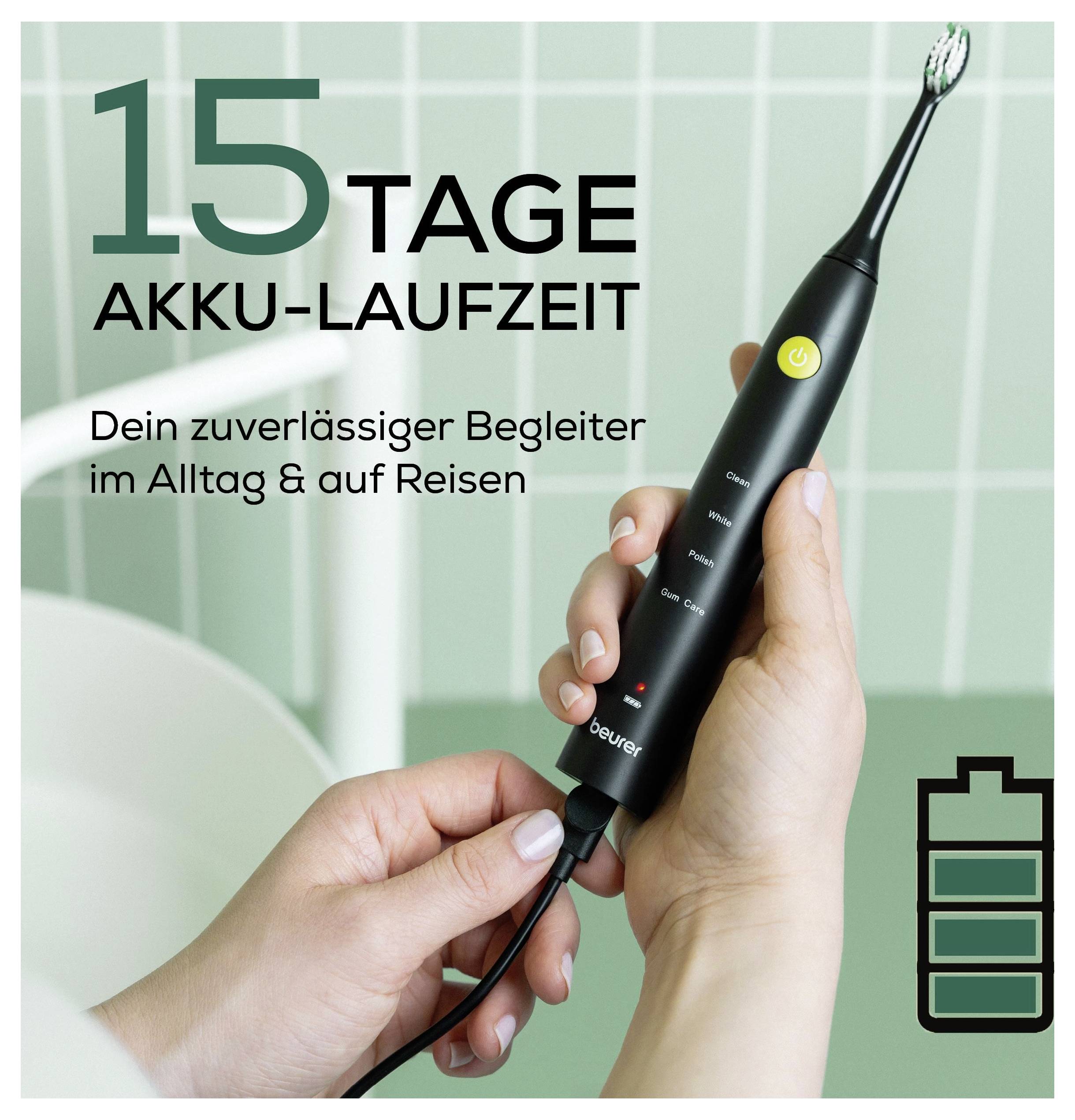 Egy kéz egy fekete elektromos fogkefét tart egy csempézett háttér előtt. A szöveg így szól: "15 nap akkumulátor-üzemidő" és "Megbízható társad a mindennapi életben és utazásokon".