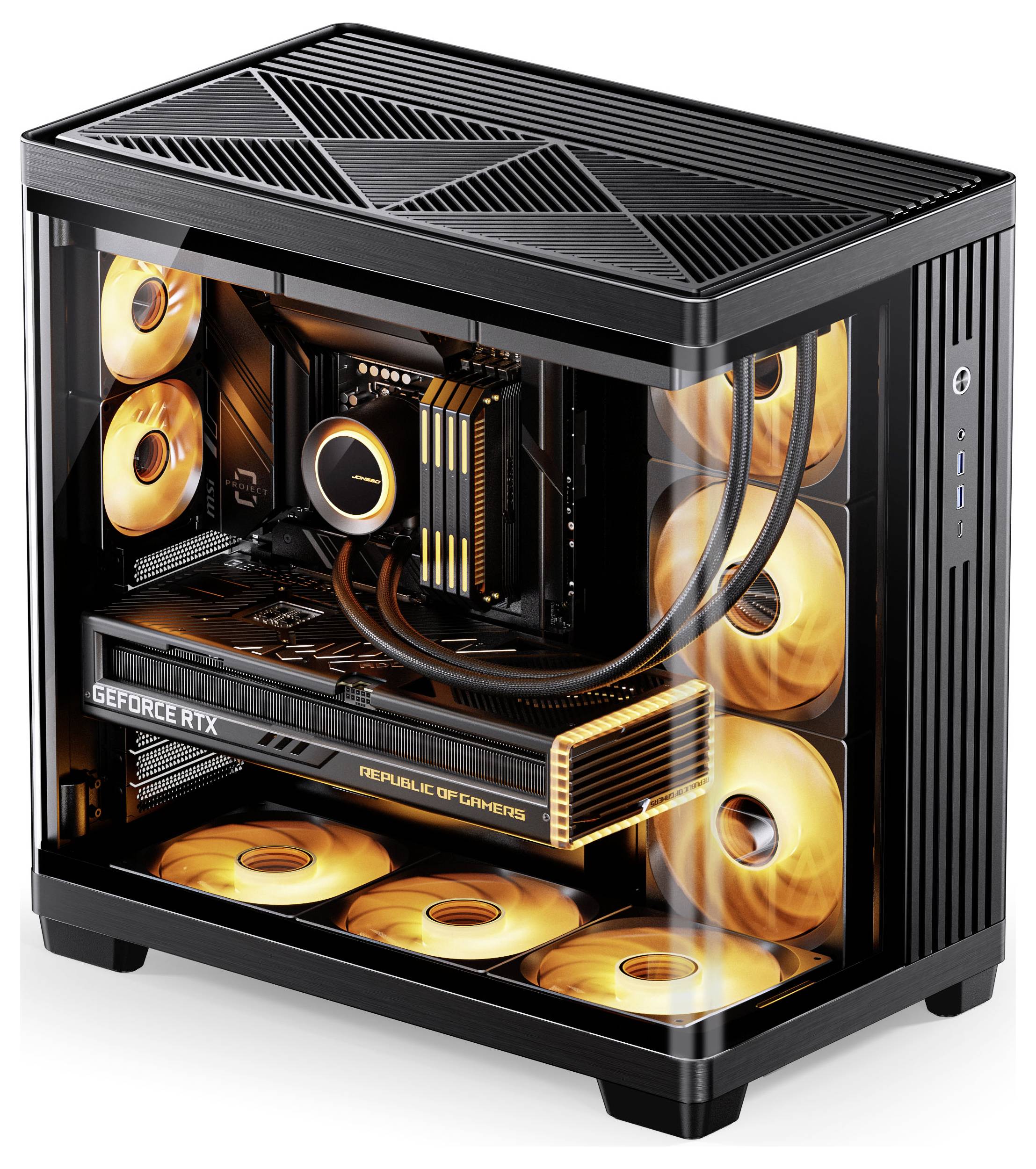 Egy átlátszó számítógépes ház egy gaming PC felépítéssel, több izzó narancssárga hűtőventilátor, GeForce RTX videokártya és a Republic of Gamers márkázás bemutatásával.