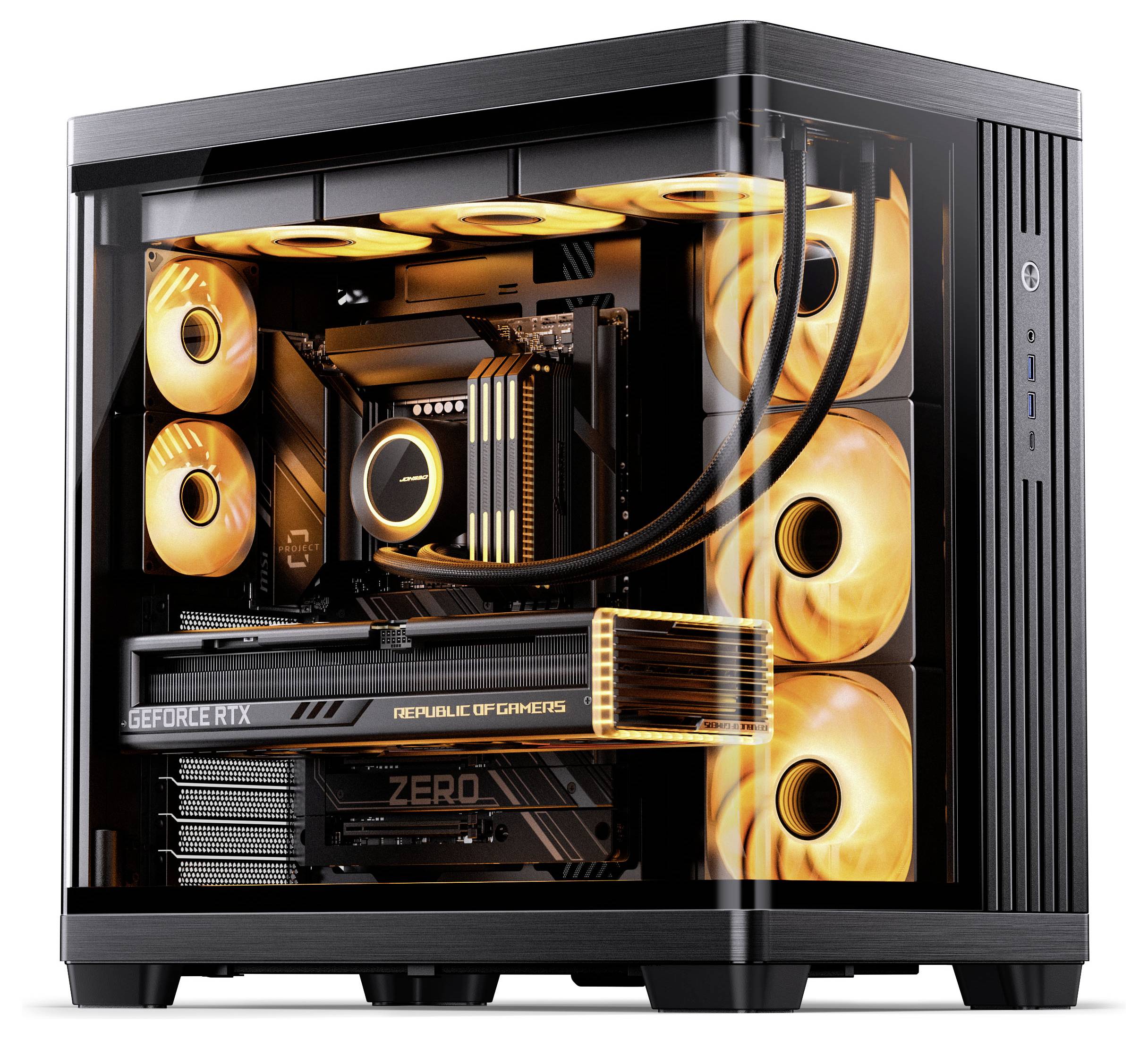 Fekete és narancssárga gamer PC átlátszó oldalpanelen keresztül nézve, GeForce RTX grafikus kártyával, folyékony hűtéssel és LED megvilágítással.