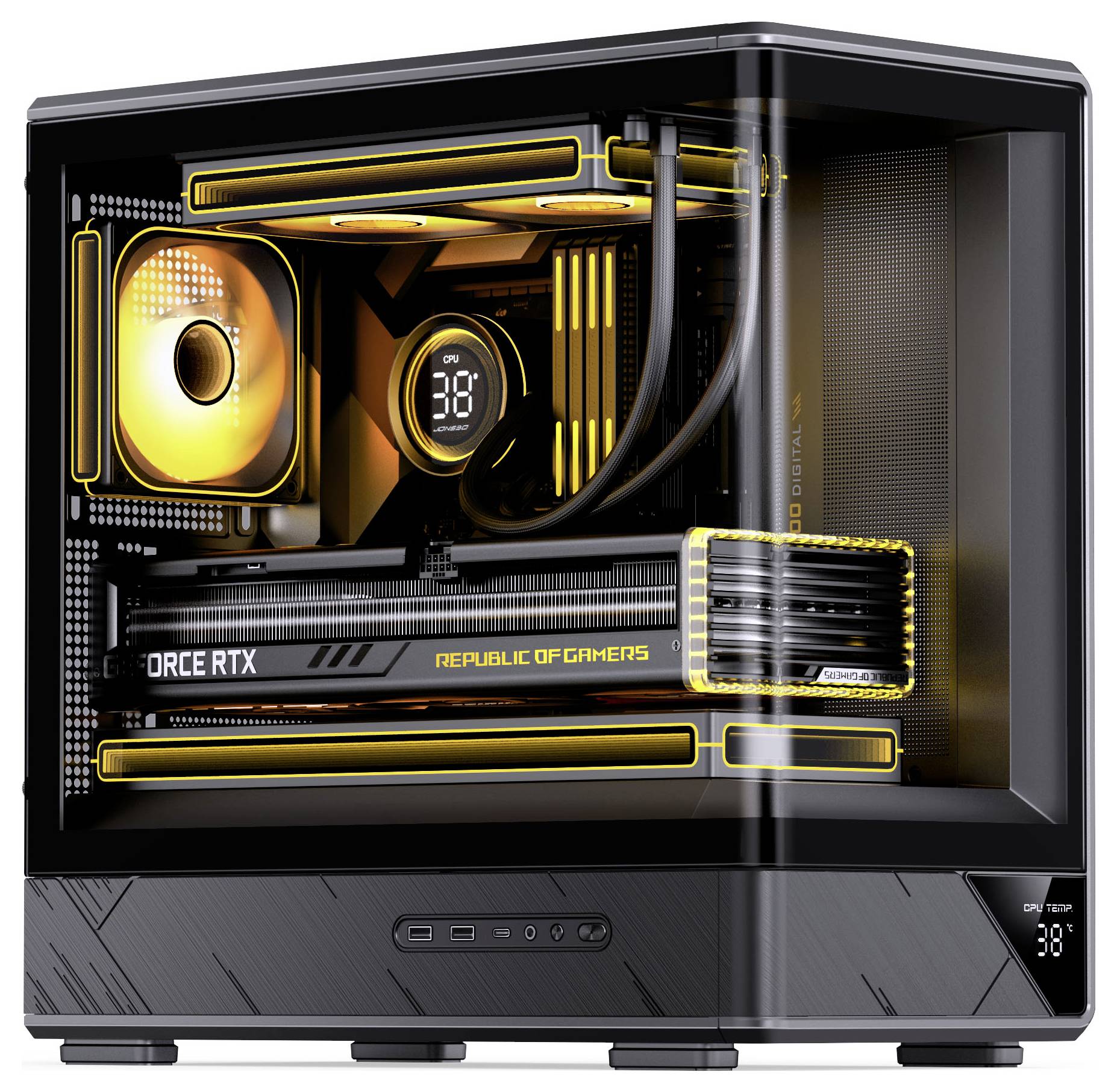 Egy fekete, téglalap alakú játékos PC, amely átlátszó oldallal rendelkezik és narancsszínű és sárga LED-es világítással van megvilágítva, amely a GPU-hoz hasonló belső alkatrészeket mutat be.