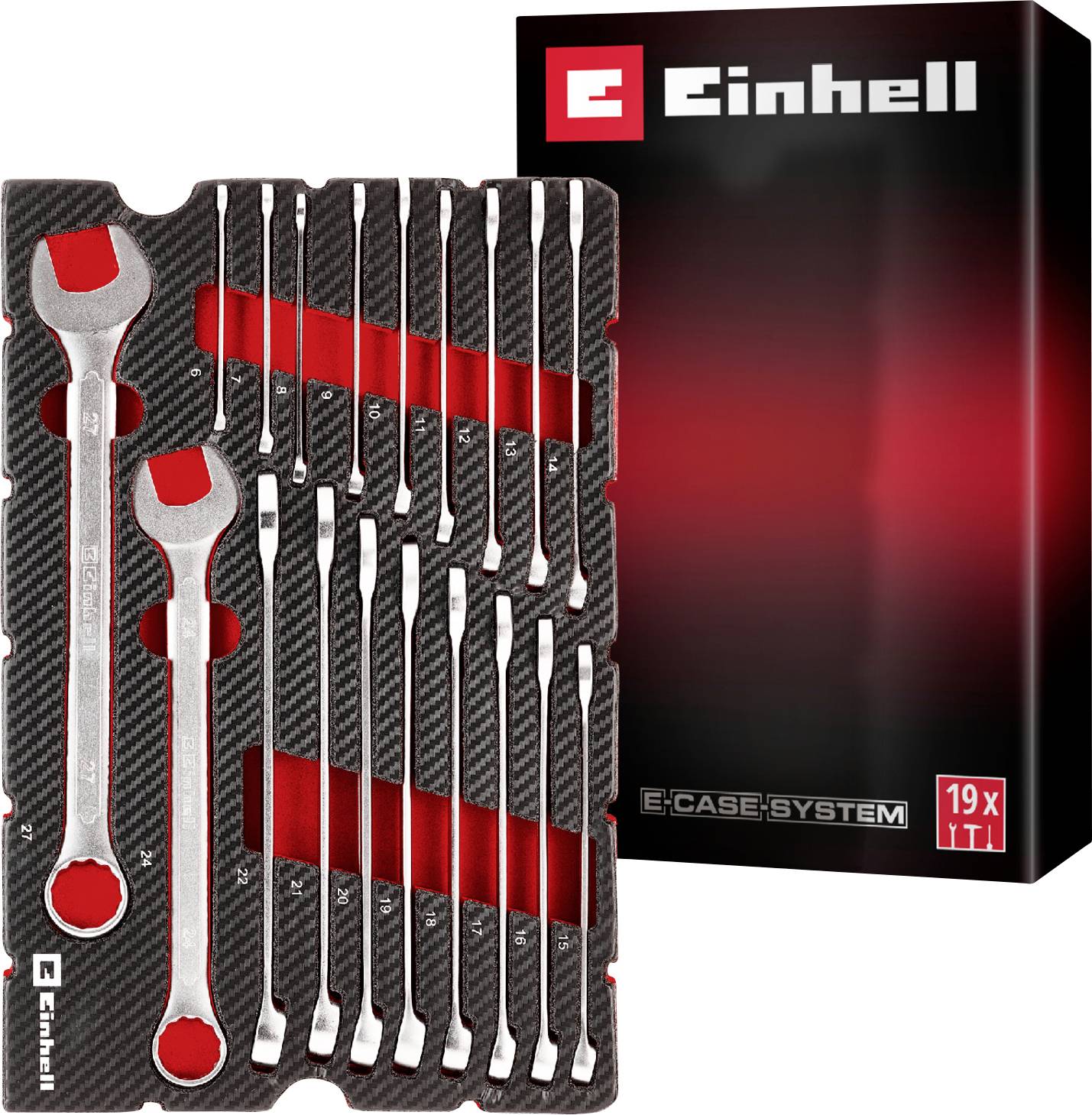 Az „Einhell" villáskulcs készlet 19 darabbal, amely egy habszivacs rendszerezőben van elhelyezve. A háttérben egy piros és fekete doboz található, amely „E-CASE SYSTEM" felirattal van ellátva.