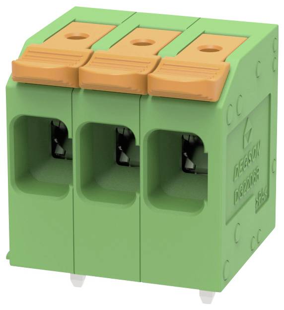 Zöld három pozíciós elektromos csatlókapocs narancssárga nyomógombokkal, elölnézeti-jobboldali termékfotó.
