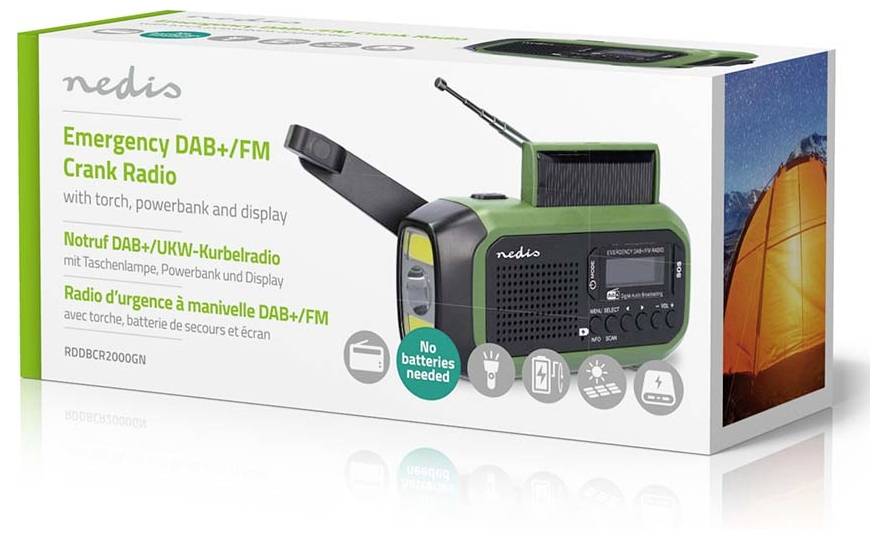A "Nedis Emergency DAB+/FM Kurblis Rádió" zseblámpa, powerbank és kijelző funkcióval. A doboz zöld rádiót mutat kurbli és gombokkal.