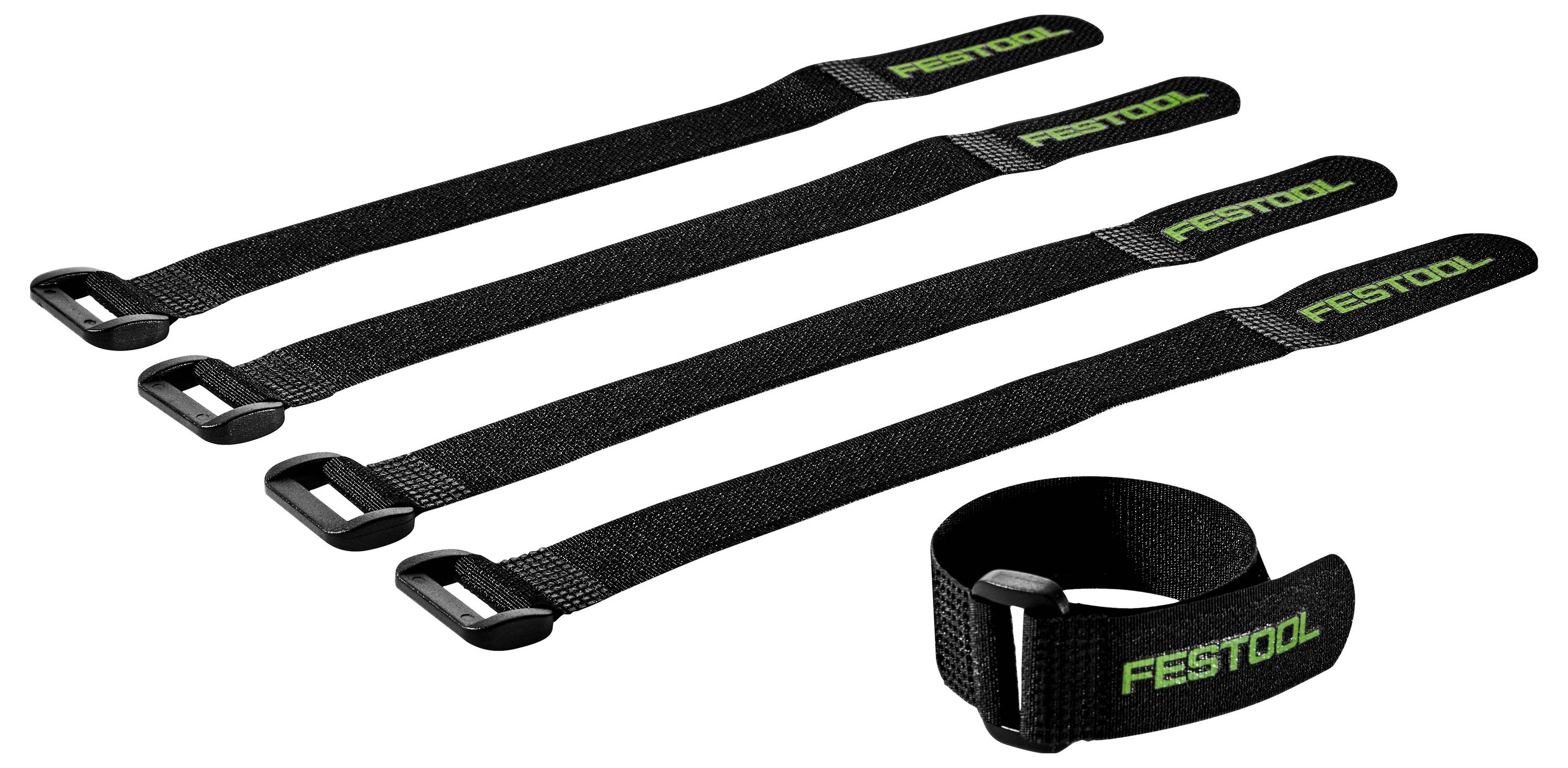 Négy fekete Festool rögzítőszíj csat-tal, és egy összekötött szíj, tárgyak rögzítésére használva, fehér háttér előtt megjelenítve.