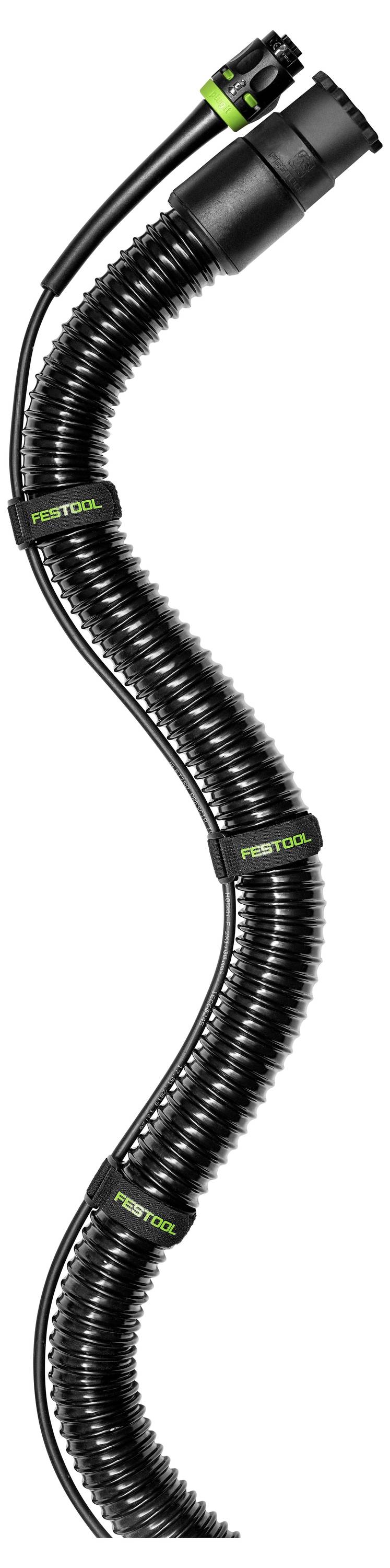 Rugalmas fekete vákuumos tömlő zöld kiegészítésekkel és csatlakozókkal, amelyen a "FESTOOL" felirat található, ipari vagy műhelyi használatra tervezve.