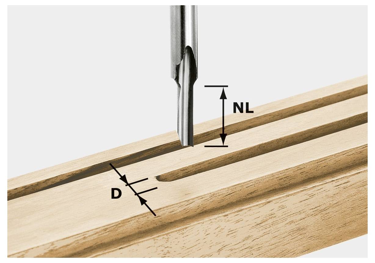 Egy fúrógép egy keskeny hornyot készít egy fadeszkában. A "D" és "NL" jelölések rendre a szélességet és a hosszúságot jelzik.