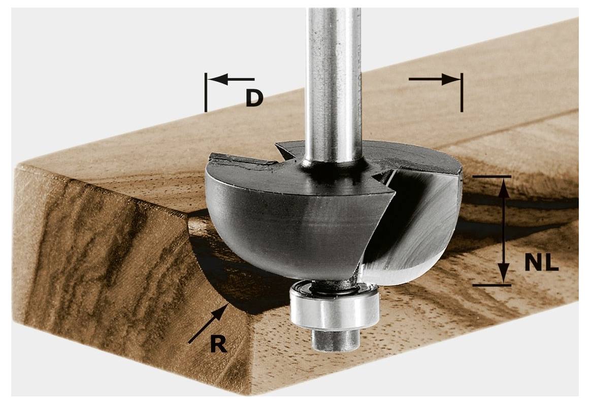Egy fúróbit hornyolt alakzatot vág egy fahasábba. Nyilak és címkék jelzik a méreteket: "D" az átmérőhöz, "R" a sugárhoz, és "NL" a hosszúsághoz.